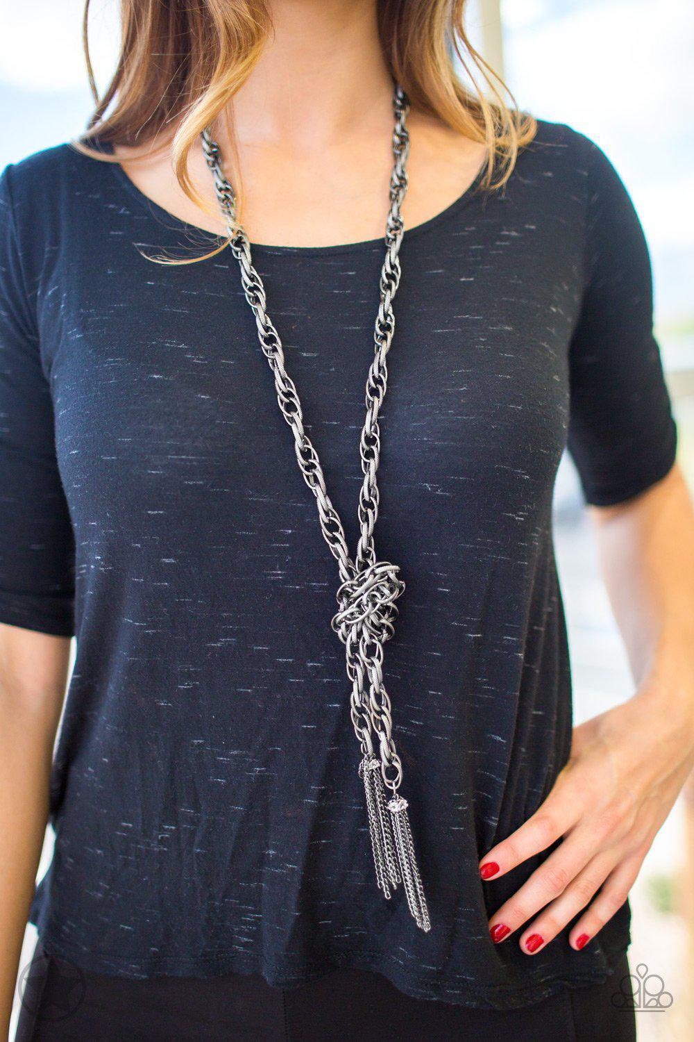 Scarfed for Attention Gunmetal Chain Necklace and matching Earrings - knotted style - Paparazzi Accessories-CarasShop.com - $5 Jewelry by Cara Jewels