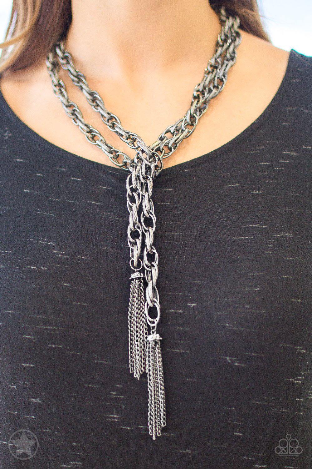 Scarfed for Attention Gunmetal Chain Necklace and matching Earrings - loop through style - Paparazzi Accessories-CarasShop.com - $5 Jewelry by Cara Jewels