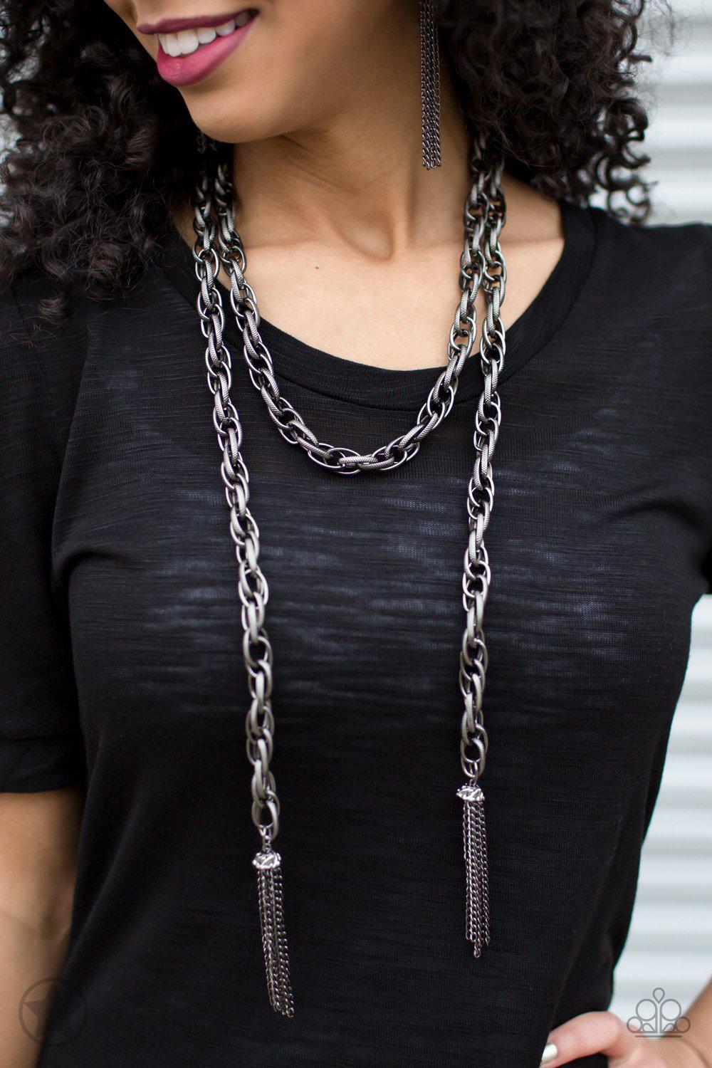 Scarfed for Attention Gunmetal Chain Necklace and matching Earrings - scarf wrap style - Paparazzi Accessories-CarasShop.com - $5 Jewelry by Cara Jewels