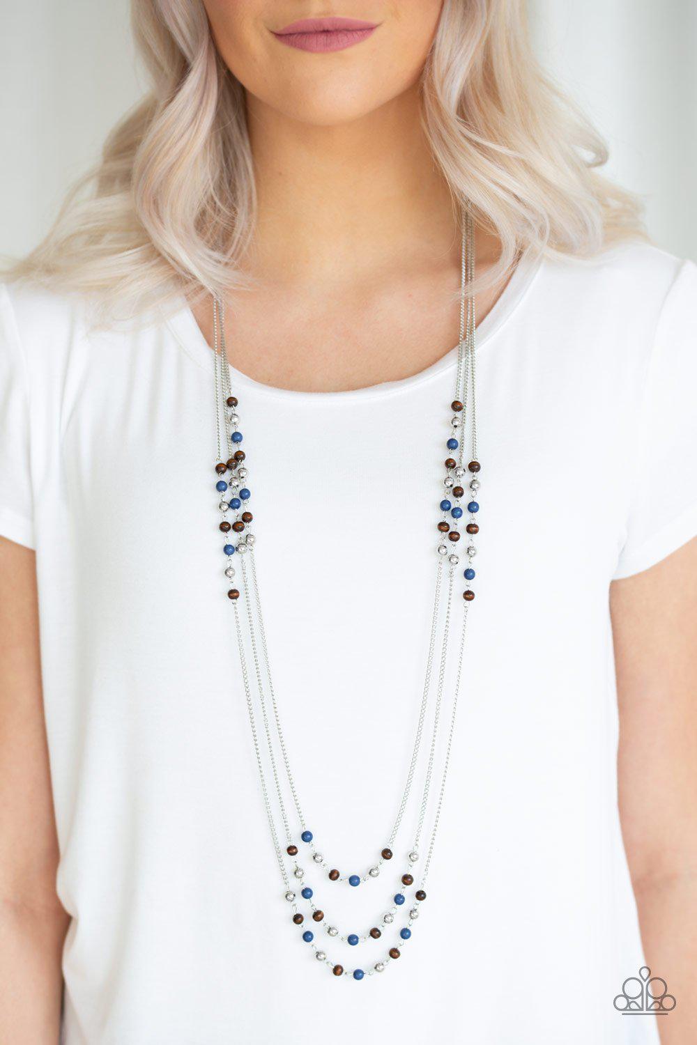 Seasonal Sensation Blue, Wood and Silver Necklace - Paparazzi Accessories- model - CarasShop.com - $5 Jewelry by Cara Jewels