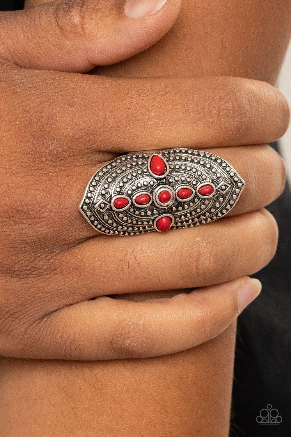 Shield In Place Red Stone Ring - Paparazzi Accessories- model - CarasShop.com - $5 Jewelry by Cara Jewels
