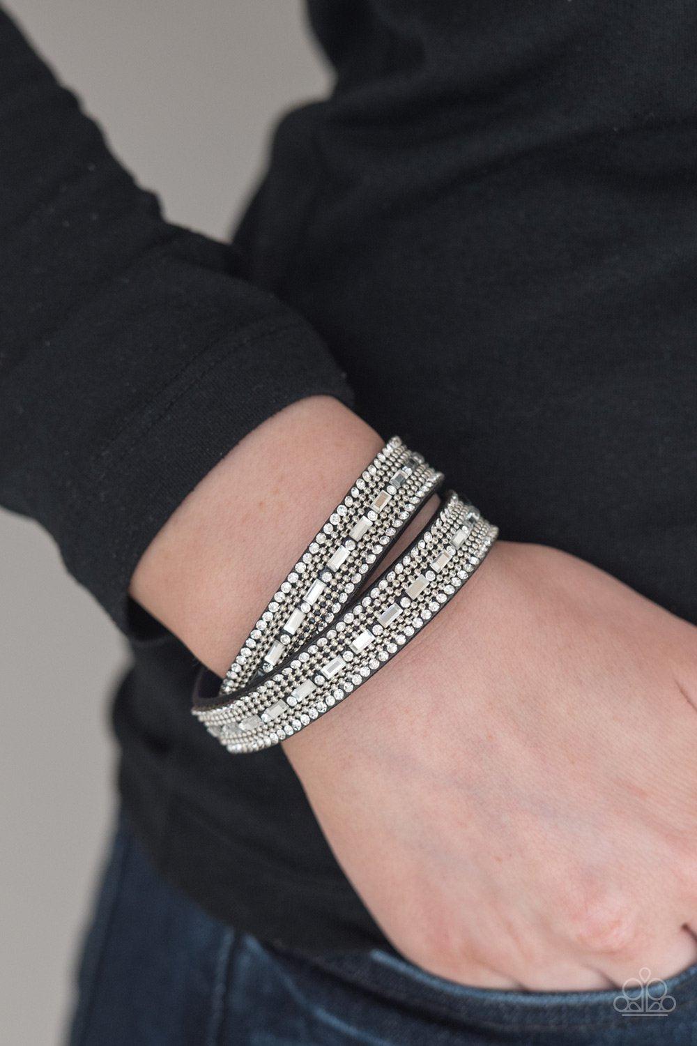 Shimmer and Sass Black and White Rhinestone Urban Wrap Snap Bracelet - Paparazzi Accessories - model -CarasShop.com - $5 Jewelry by Cara Jewels