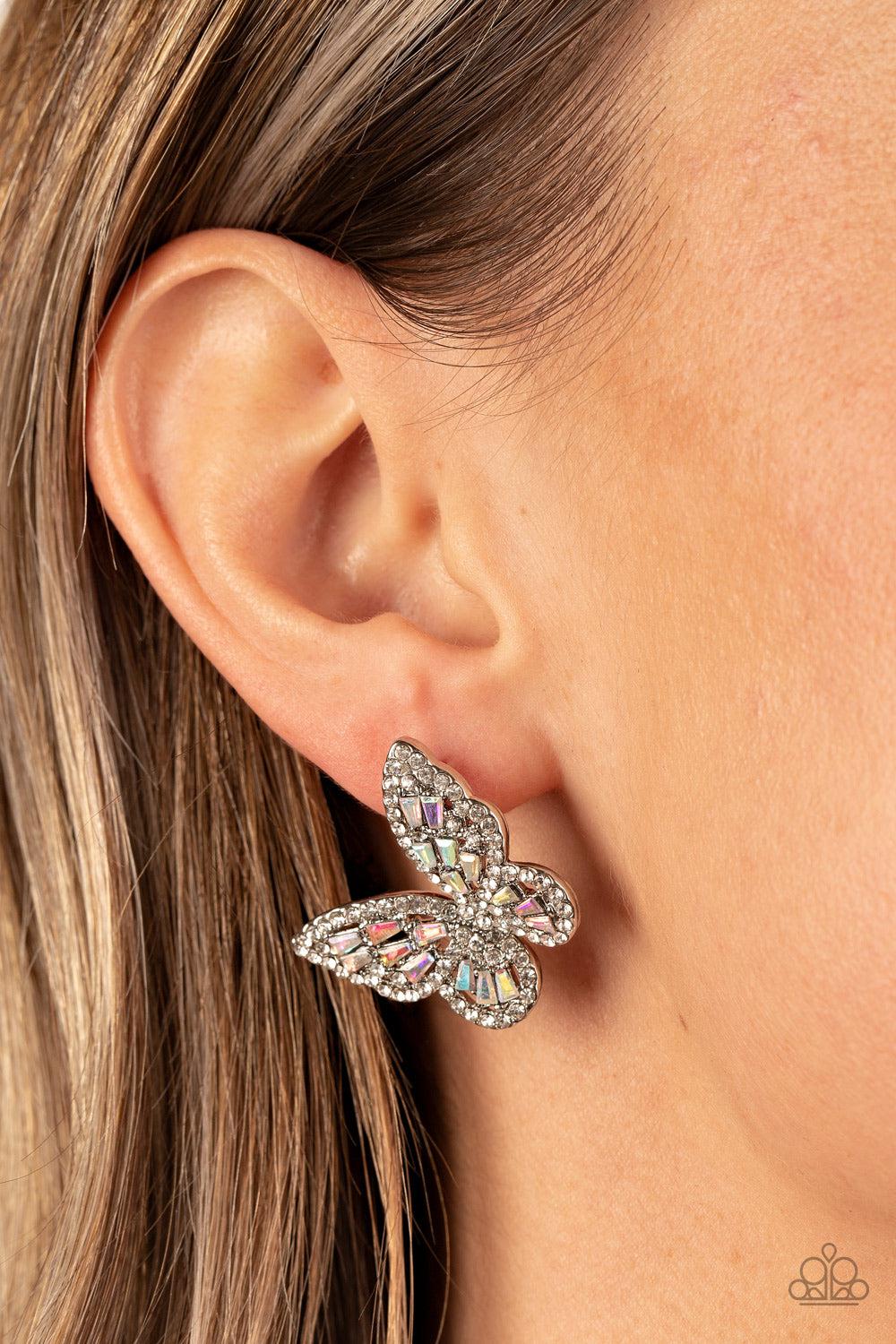 Smooth Like FLUTTER Multi Iridescent Gem Butterfly Earrings - Paparazzi Accessories-on model - CarasShop.com - $5 Jewelry by Cara Jewels