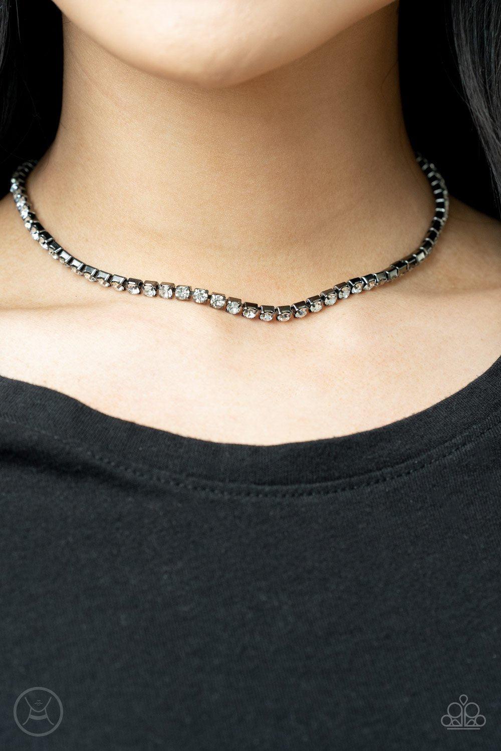 Starlight Radiance Gunmetal Black and White Rhinestone Choker Necklace - Paparazzi Accessories- model - CarasShop.com - $5 Jewelry by Cara Jewels
