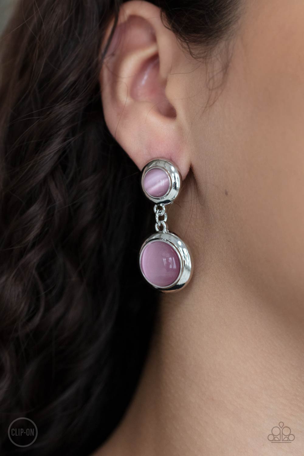 Subtle Smolder Pink Cat&#39;s Eye Stone Clip-on Earrings - Paparazzi Accessories- model - CarasShop.com - $5 Jewelry by Cara Jewels