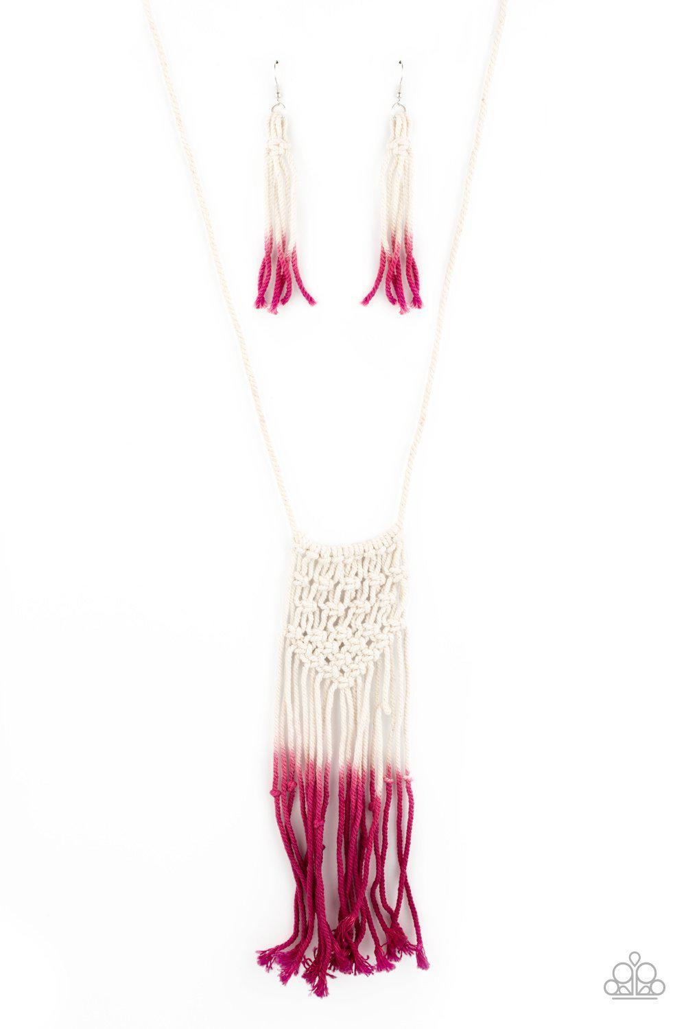 Surfin&#39; The Net Pink and Off-white Macrame Necklace - Paparazzi Accessories- lightbox - CarasShop.com - $5 Jewelry by Cara Jewels