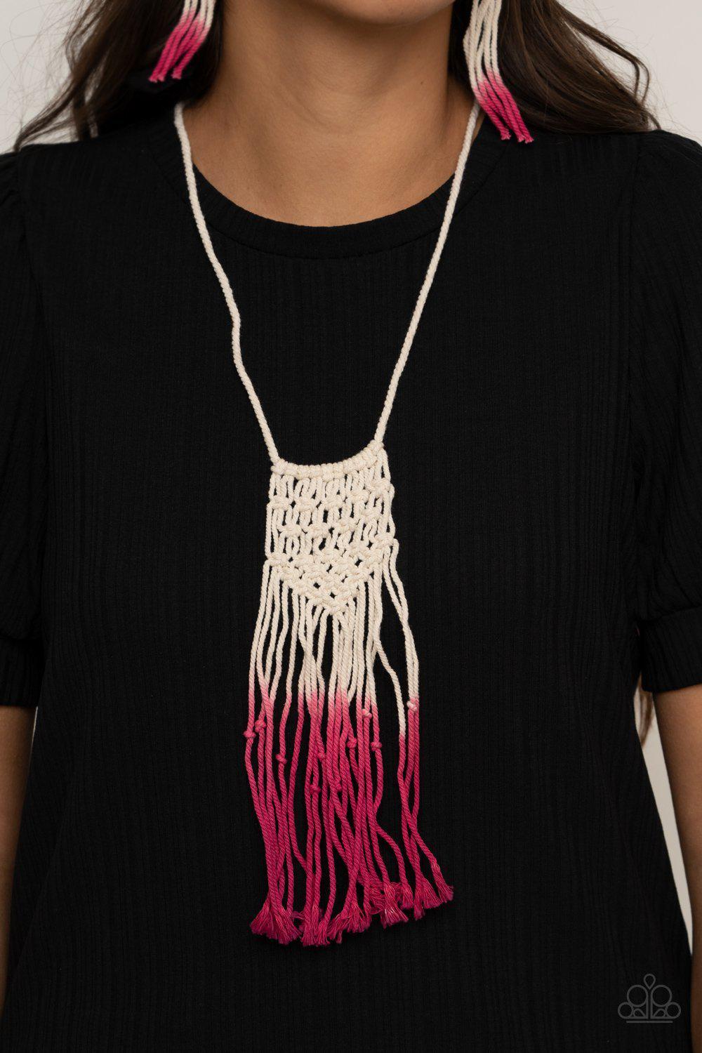 Surfin&#39; The Net Pink and Off-white Macrame Necklace - Paparazzi Accessories- model - CarasShop.com - $5 Jewelry by Cara Jewels