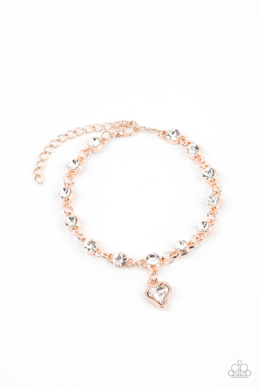 Sweet Sixteen Rose Gold and White Rhinestone Heart Charm Bracelet - Paparazzi Accessories- lightbox - CarasShop.com - $5 Jewelry by Cara Jewels