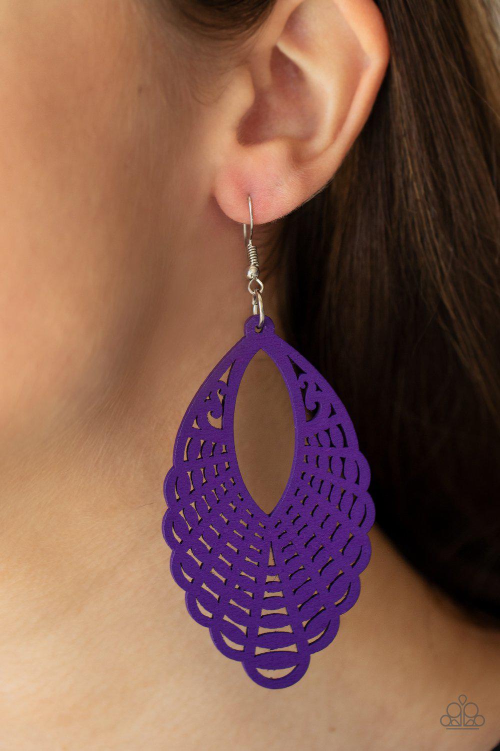 Tahiti Tankini Purple Wood Earrings - Paparazzi Accessories- model - CarasShop.com - $5 Jewelry by Cara Jewels