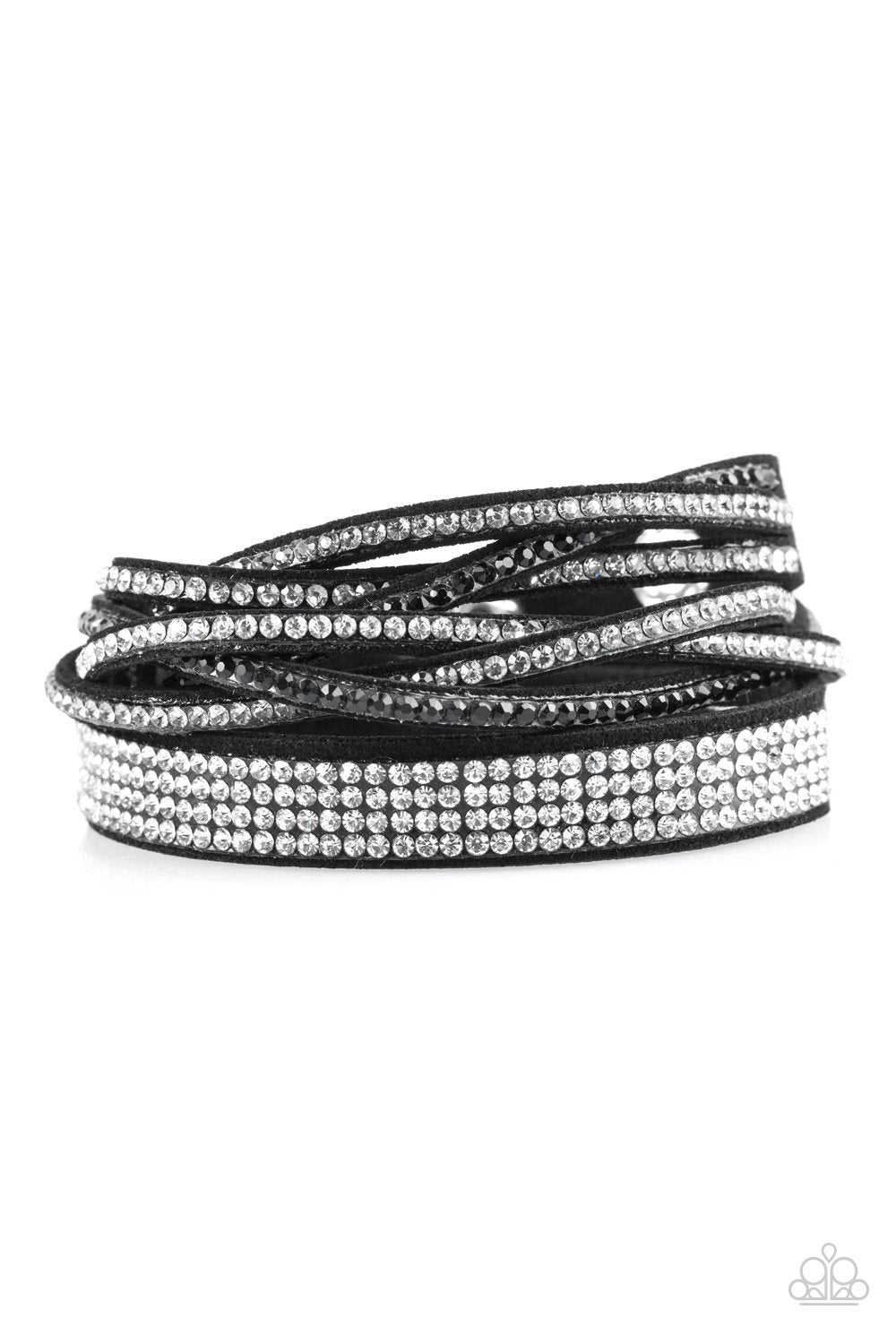Taking Care Of Business Black and White Rhinestone Double-wrap Snap Bracelet - Paparazzi Accessories- lightbox - CarasShop.com - $5 Jewelry by Cara Jewels