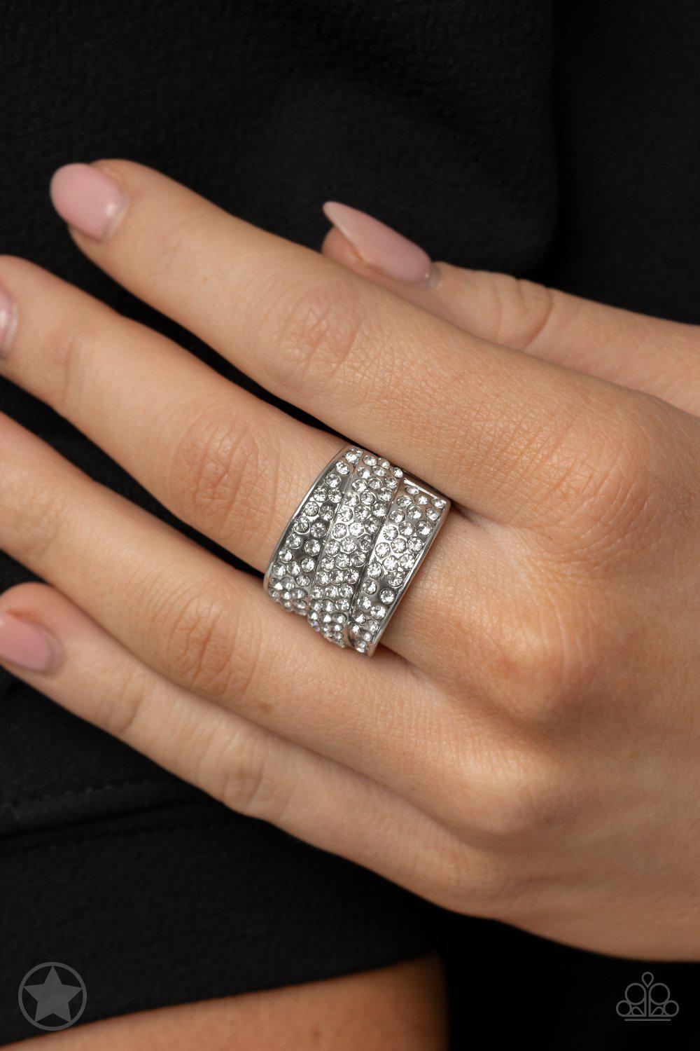 The Millionaires Club White Rhinestone Ring - Paparazzi Accessories - model -CarasShop.com - $5 Jewelry by Cara Jewels