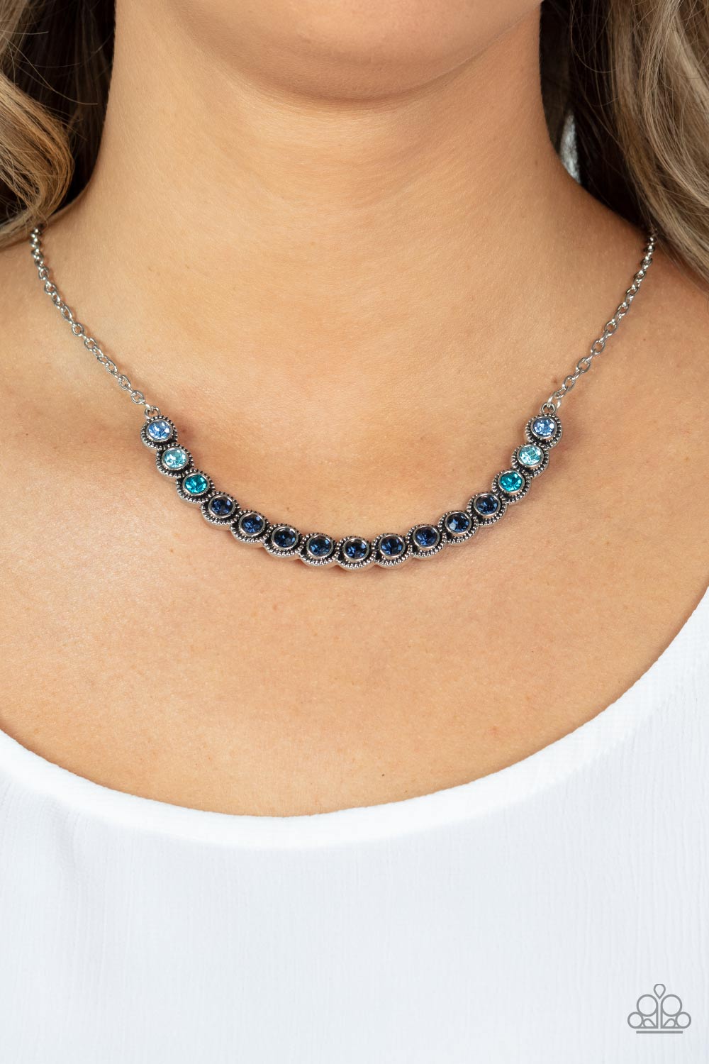 Throwing SHADES Blue Rhinestone Necklace - Paparazzi Accessories- model - CarasShop.com - $5 Jewelry by Cara Jewels