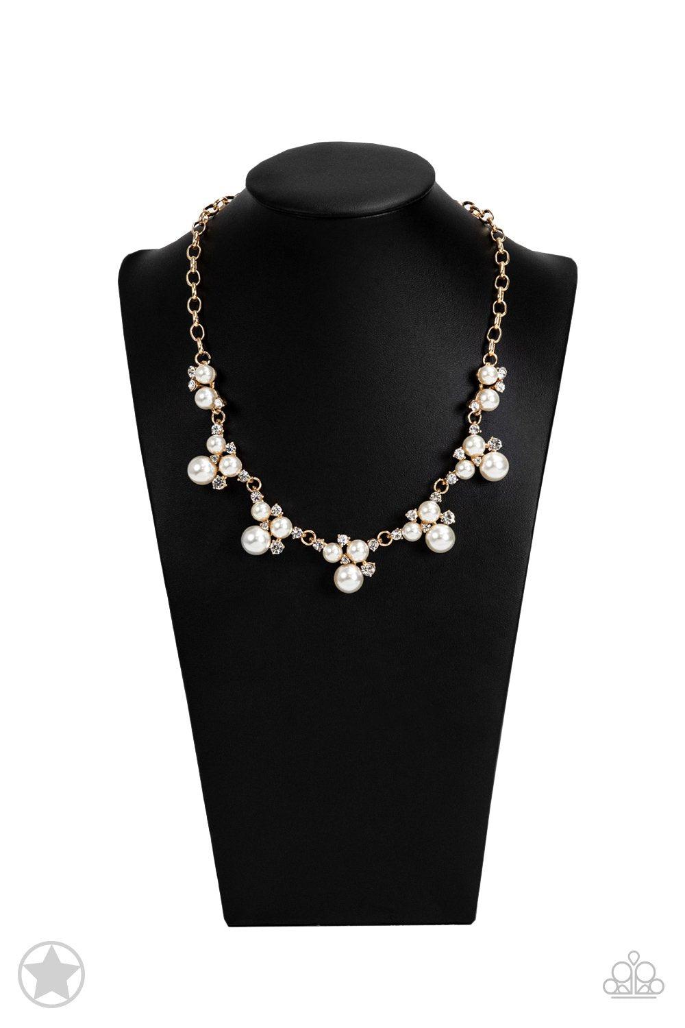 Toast to Perfection Gold and White Pearl Necklace - Paparazzi Accessories- on bust -CarasShop.com - $5 Jewelry by Cara Jewels