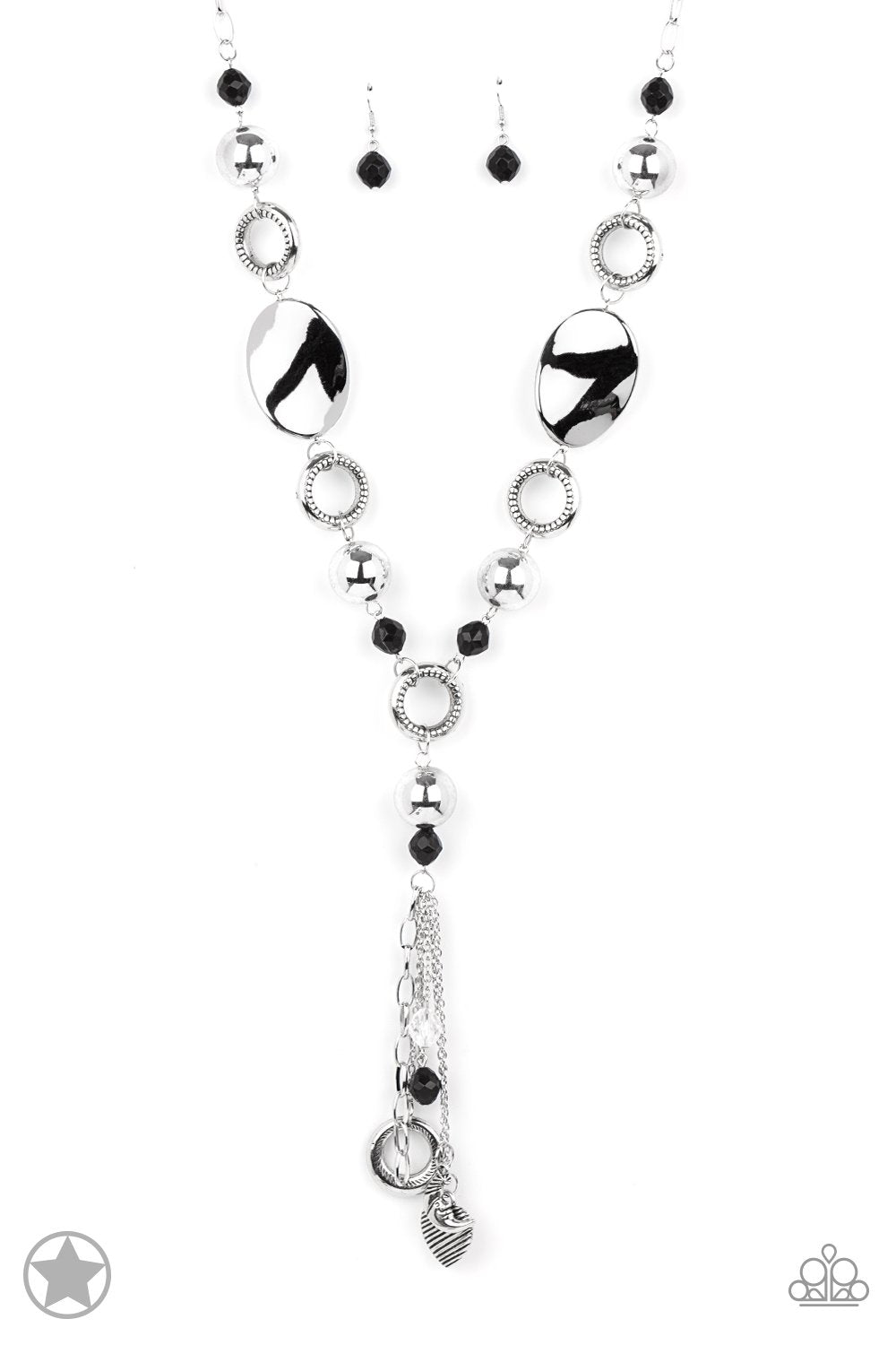 Total Eclipse of the Heart Long Silver Tassel Necklace and matching Earrings - Paparazzi Accessories - lightbox -CarasShop.com - $5 Jewelry by Cara Jewels