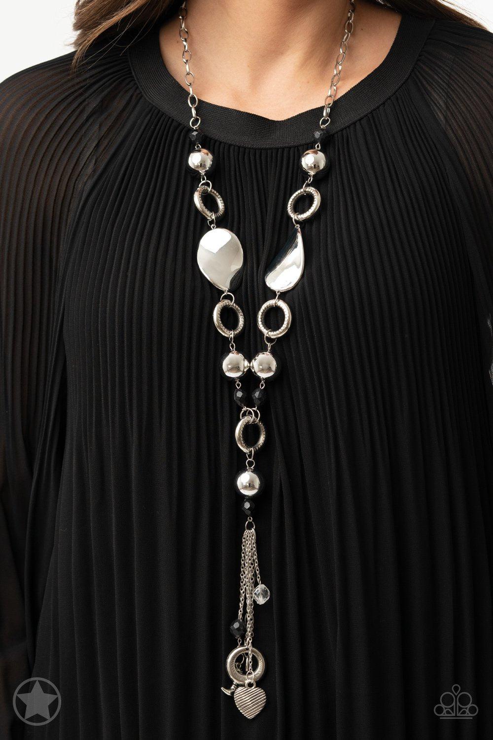 Total Eclipse of the Heart Long Silver Tassel Necklace and matching Earrings - Paparazzi Accessories - model -CarasShop.com - $5 Jewelry by Cara Jewels