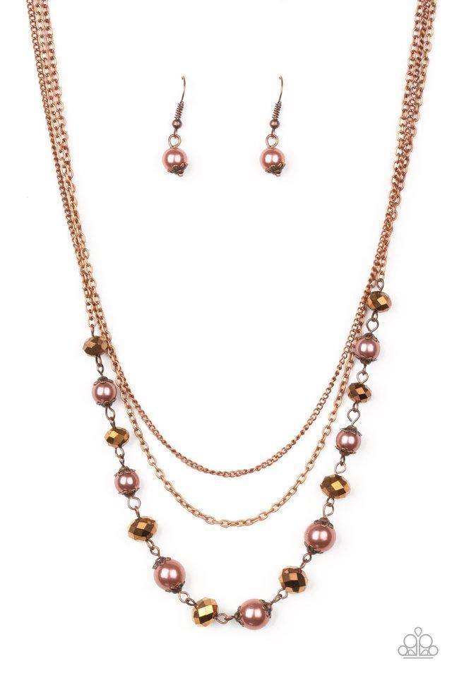 Tour de Demure Copper Pearl and Rhinestone Necklace - Paparazzi Accessories - lightbox -CarasShop.com - $5 Jewelry by Cara Jewels