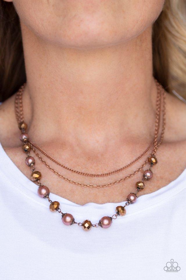Tour de Demure Copper Pearl and Rhinestone Necklace - Paparazzi Accessories - model -CarasShop.com - $5 Jewelry by Cara Jewels