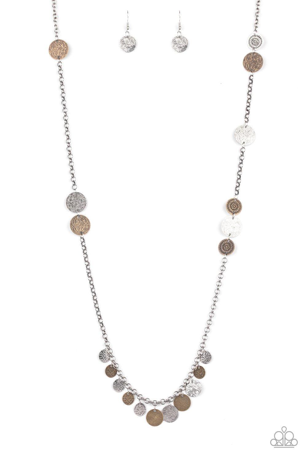 Trailblazing Trinket Multi Silver and Brass Necklace - Paparazzi Accessories - lightbox -CarasShop.com - $5 Jewelry by Cara Jewels