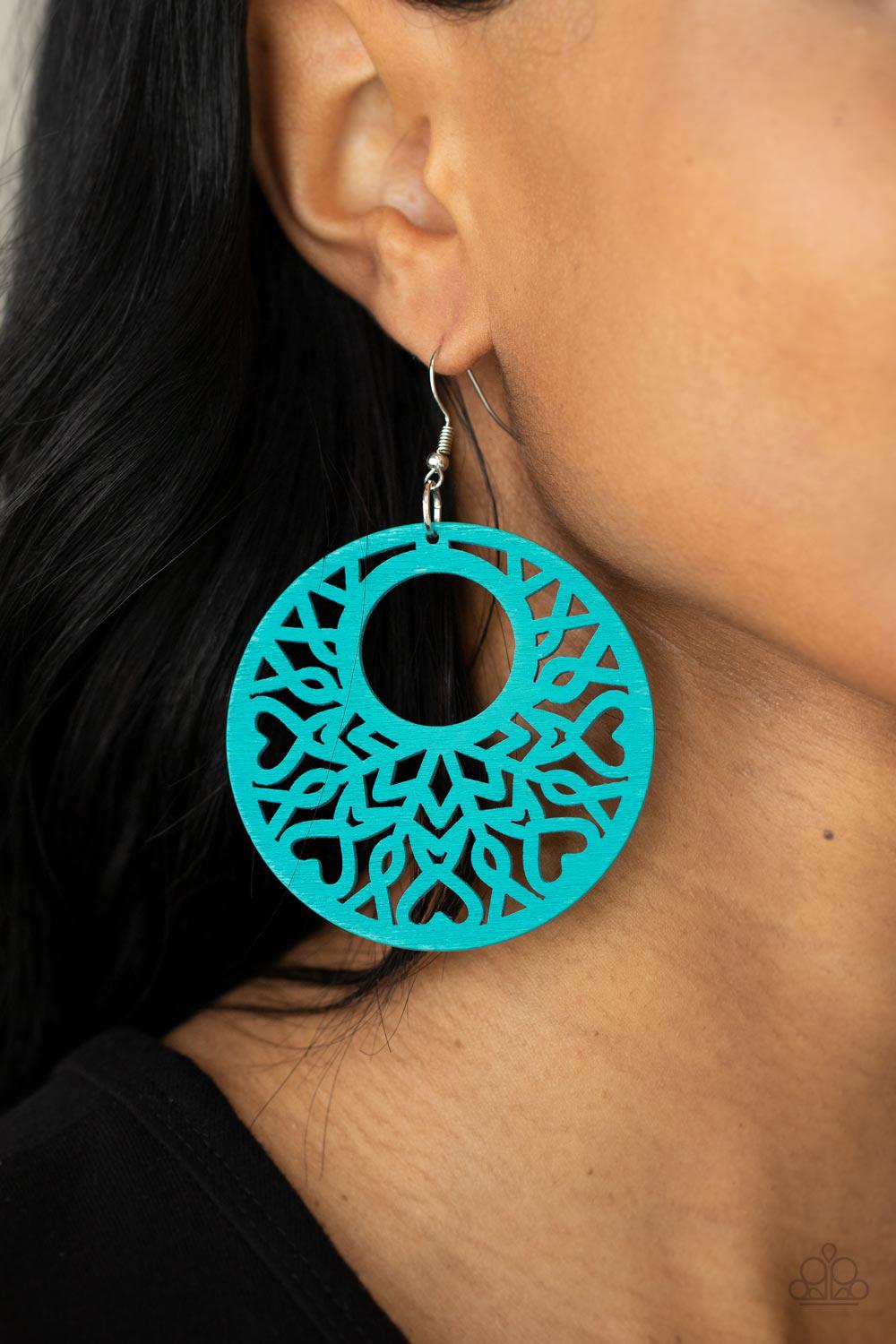 Tropical Reef Blue Wood Earrings - Paparazzi Accessories- model - CarasShop.com - $5 Jewelry by Cara Jewels