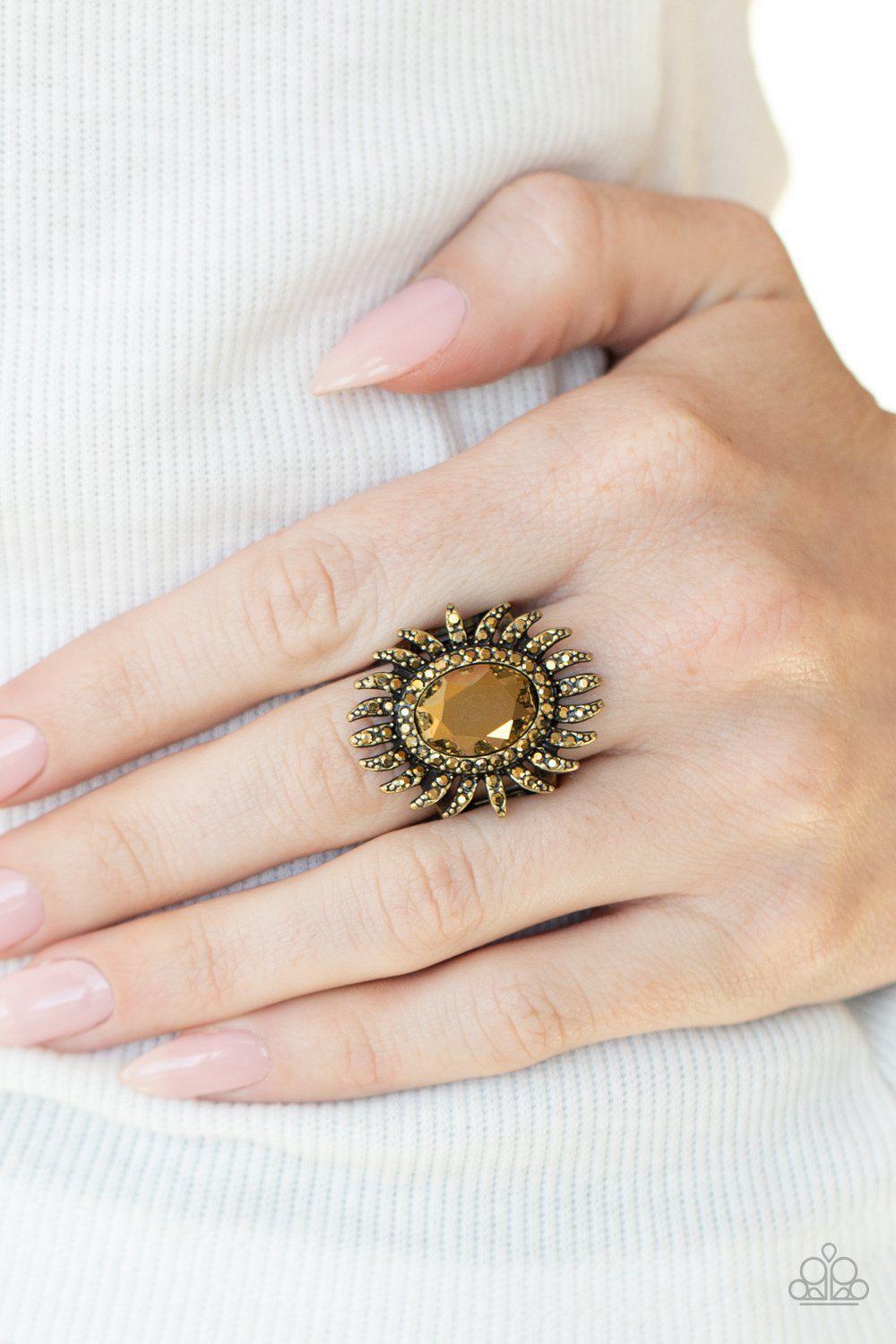 Ultra Luxe Brass Ring - Paparazzi Accessories- model - CarasShop.com - $5 Jewelry by Cara Jewels