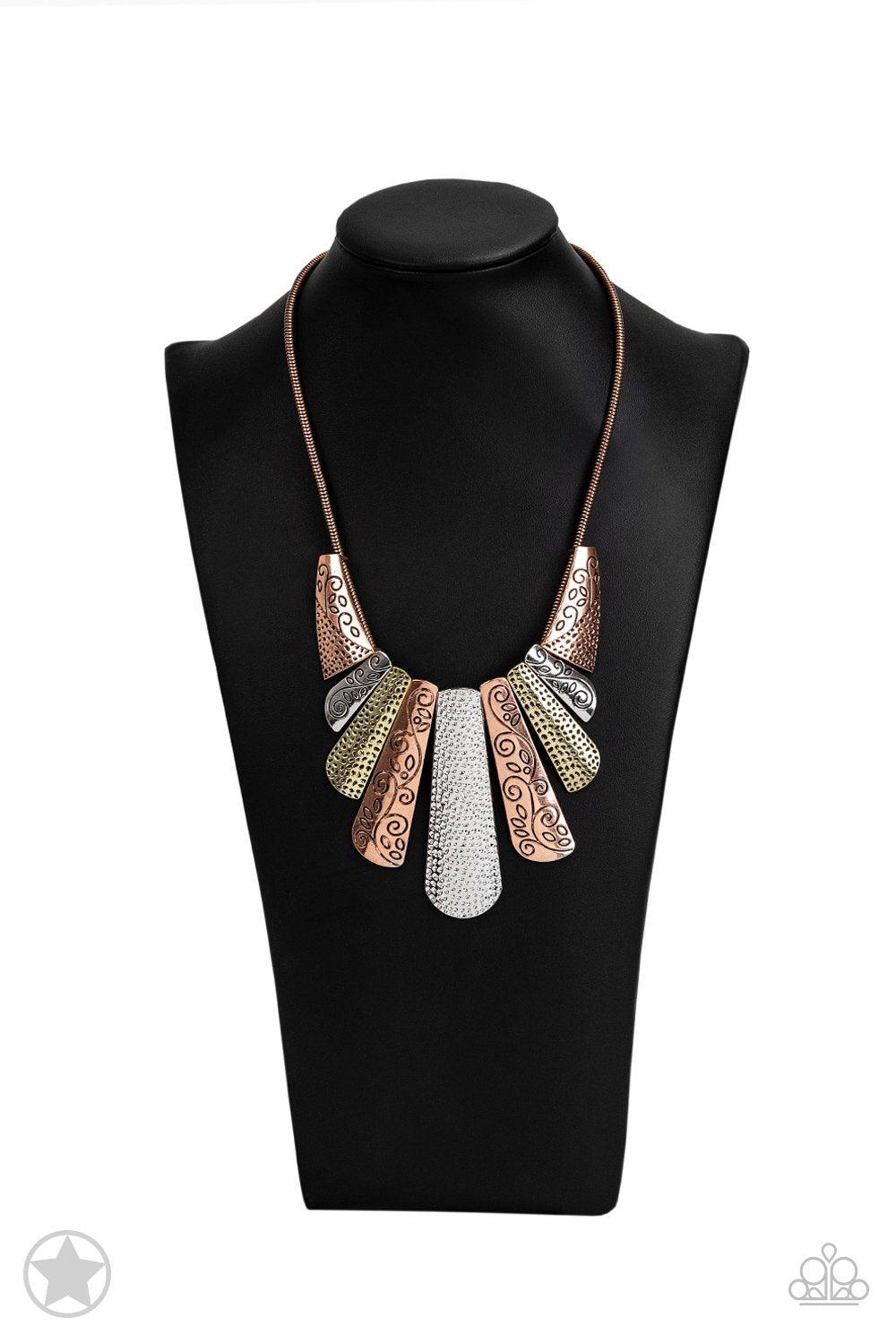 Untamed Silver Copper and Brass Statement Necklace and matching Earrings - Paparazzi Accessories- on bust -CarasShop.com - $5 Jewelry by Cara Jewels