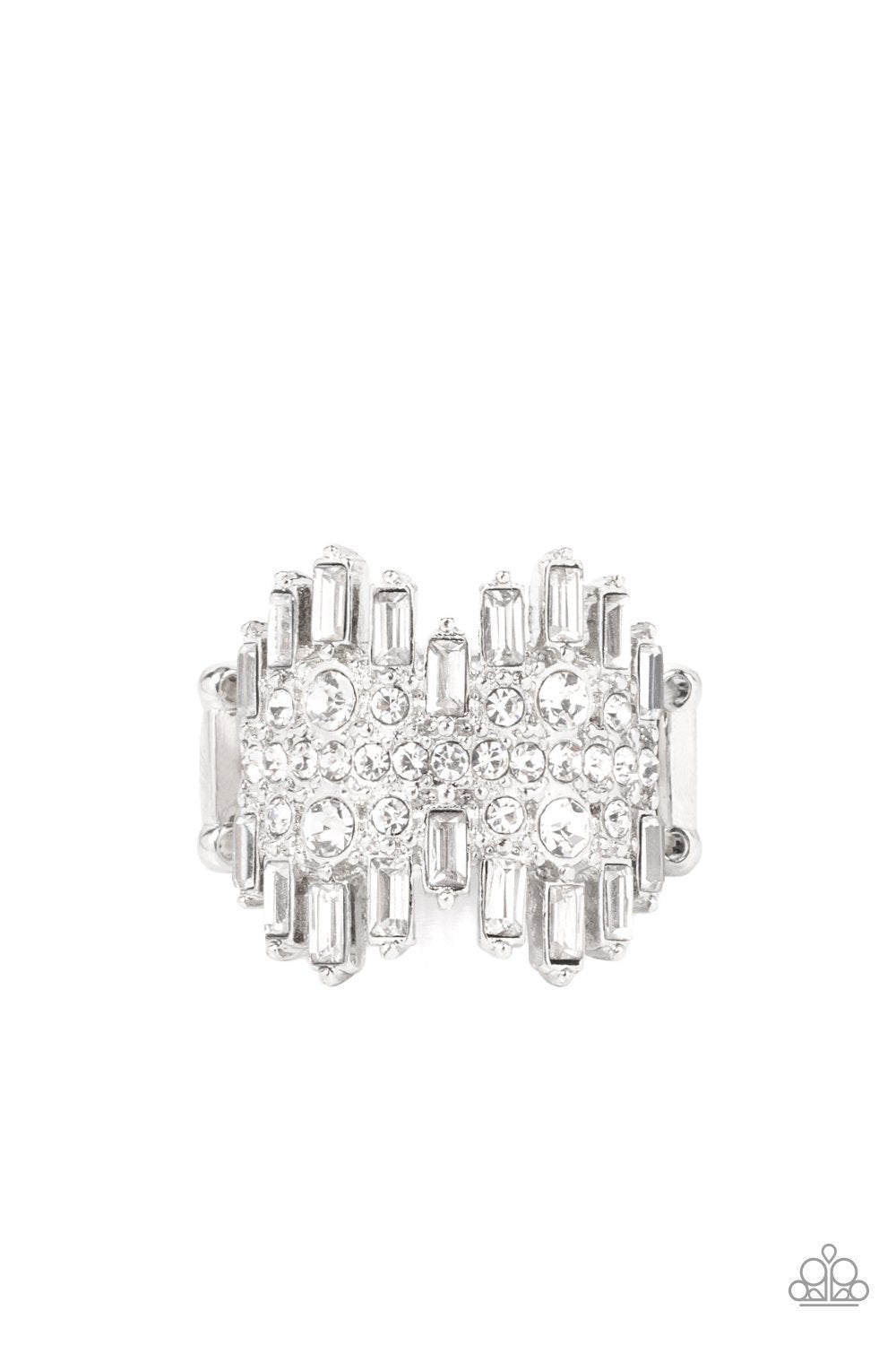 Urban Empire White Rhinestone Ring - Paparazzi Accessories Life of the Party Exclusive November 2021 - lightbox -CarasShop.com - $5 Jewelry by Cara Jewels