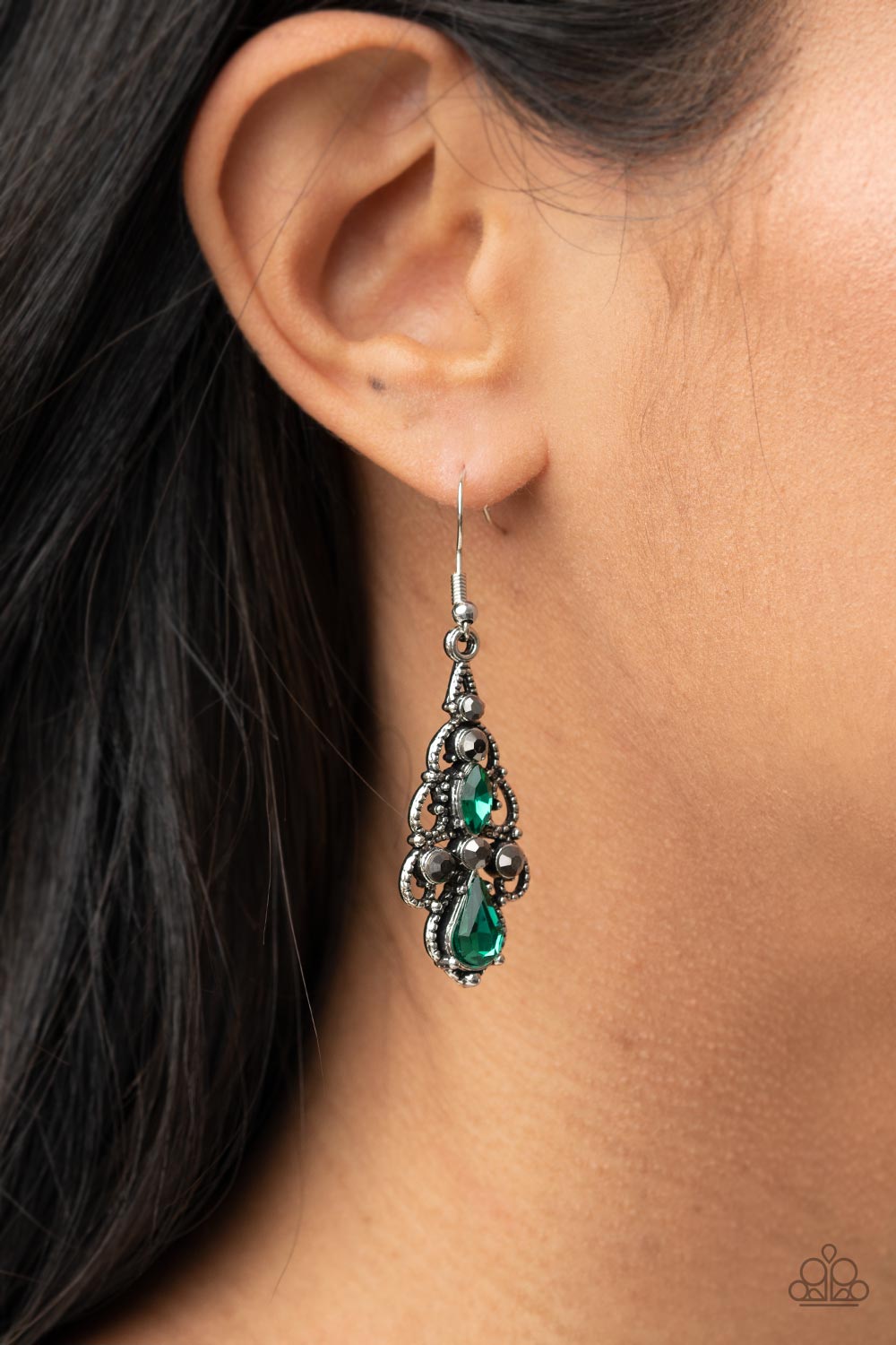 Urban Radiance Green and Hematite Rhinestone Earrings - Paparazzi Accessories- lightbox - CarasShop.com - $5 Jewelry by Cara Jewels