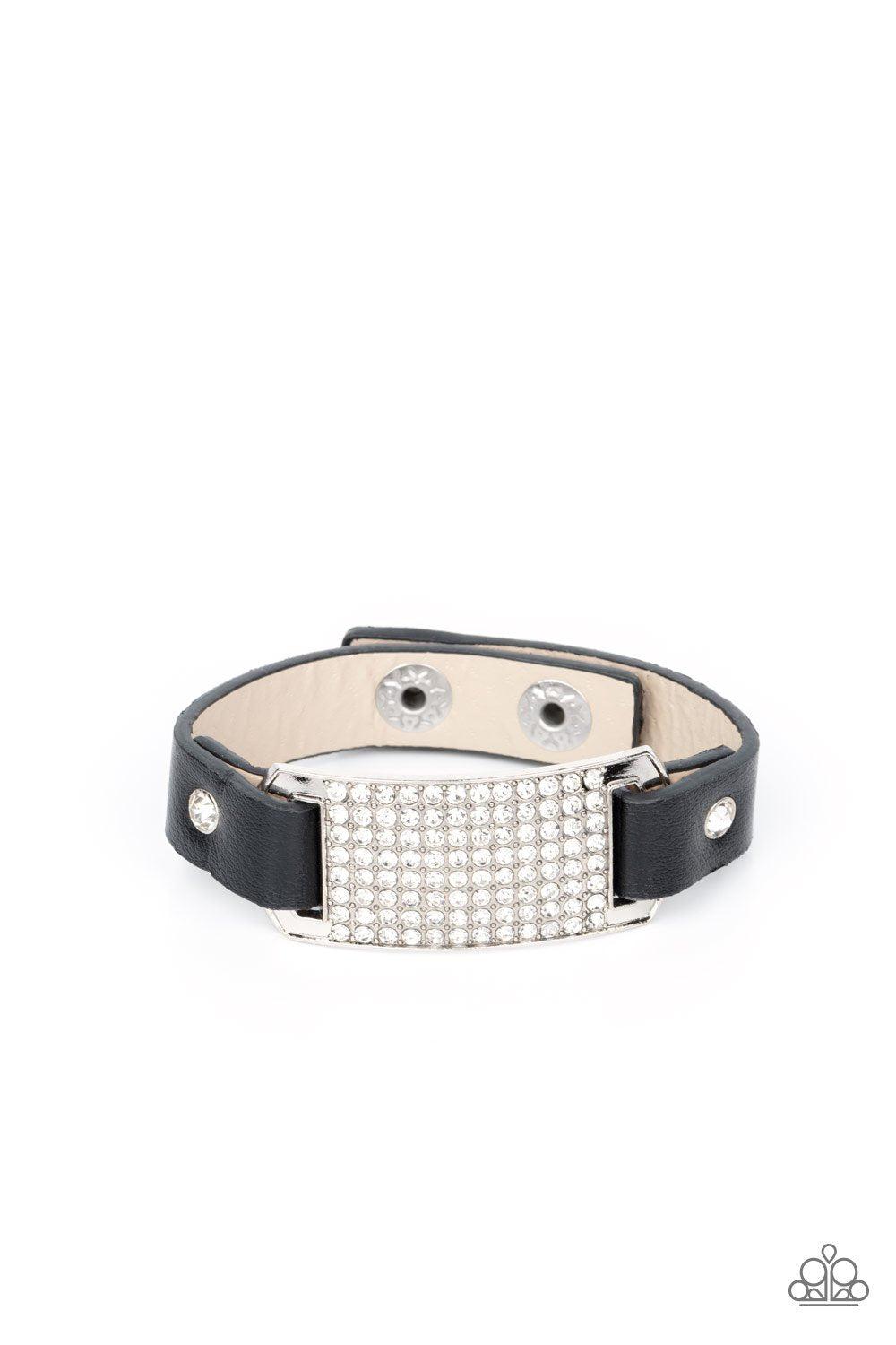 Urban Rivalry Black Leather and White Rhinestone Wrap Snap Bracelet - Paparazzi Accessories- lightbox - CarasShop.com - $5 Jewelry by Cara Jewels