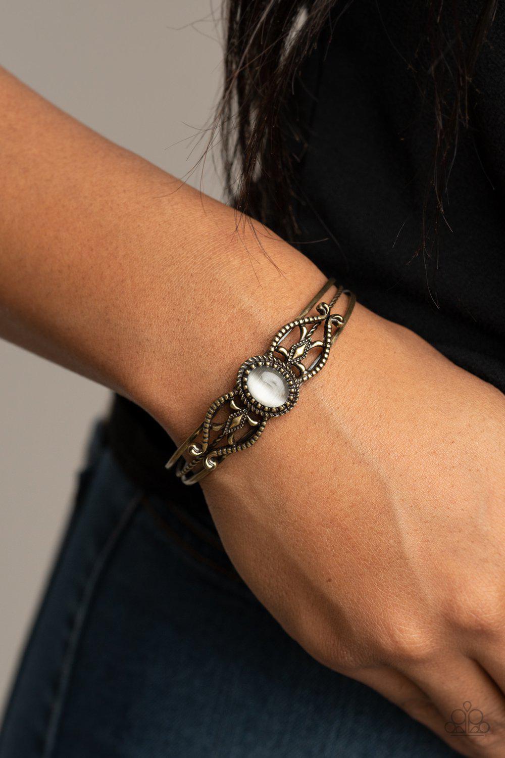 Wait and SEER Brass and Moonstone Bracelet - Paparazzi Accessories- model - CarasShop.com - $5 Jewelry by Cara Jewels