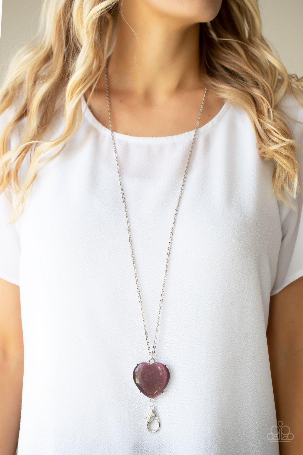 Warmhearted Glow Purple Cat&#39;s Eye Stone Heart Lanyard Necklace - Paparazzi Accessories- model - CarasShop.com - $5 Jewelry by Cara Jewels
