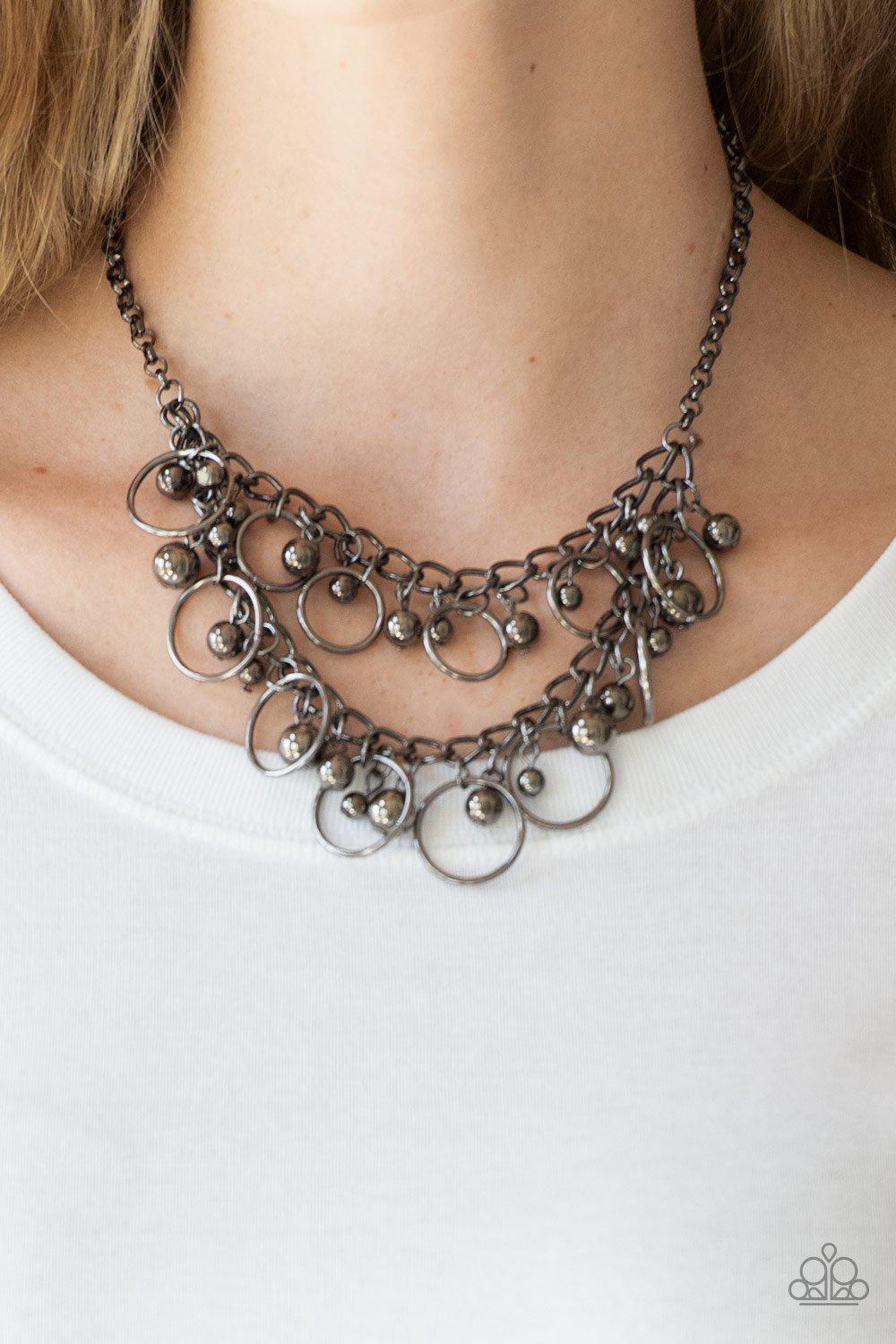 Warning Bells Gunmetal Black Necklace - Paparazzi Accessories - model -CarasShop.com - $5 Jewelry by Cara Jewels