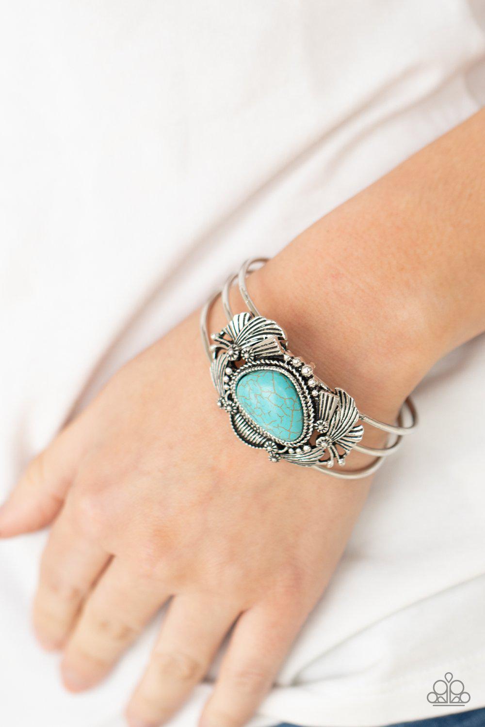 Western Wonderland Turquoise Blue Stone and Silver Cuff Bracelet - Paparazzi Accessories- model - CarasShop.com - $5 Jewelry by Cara Jewels
