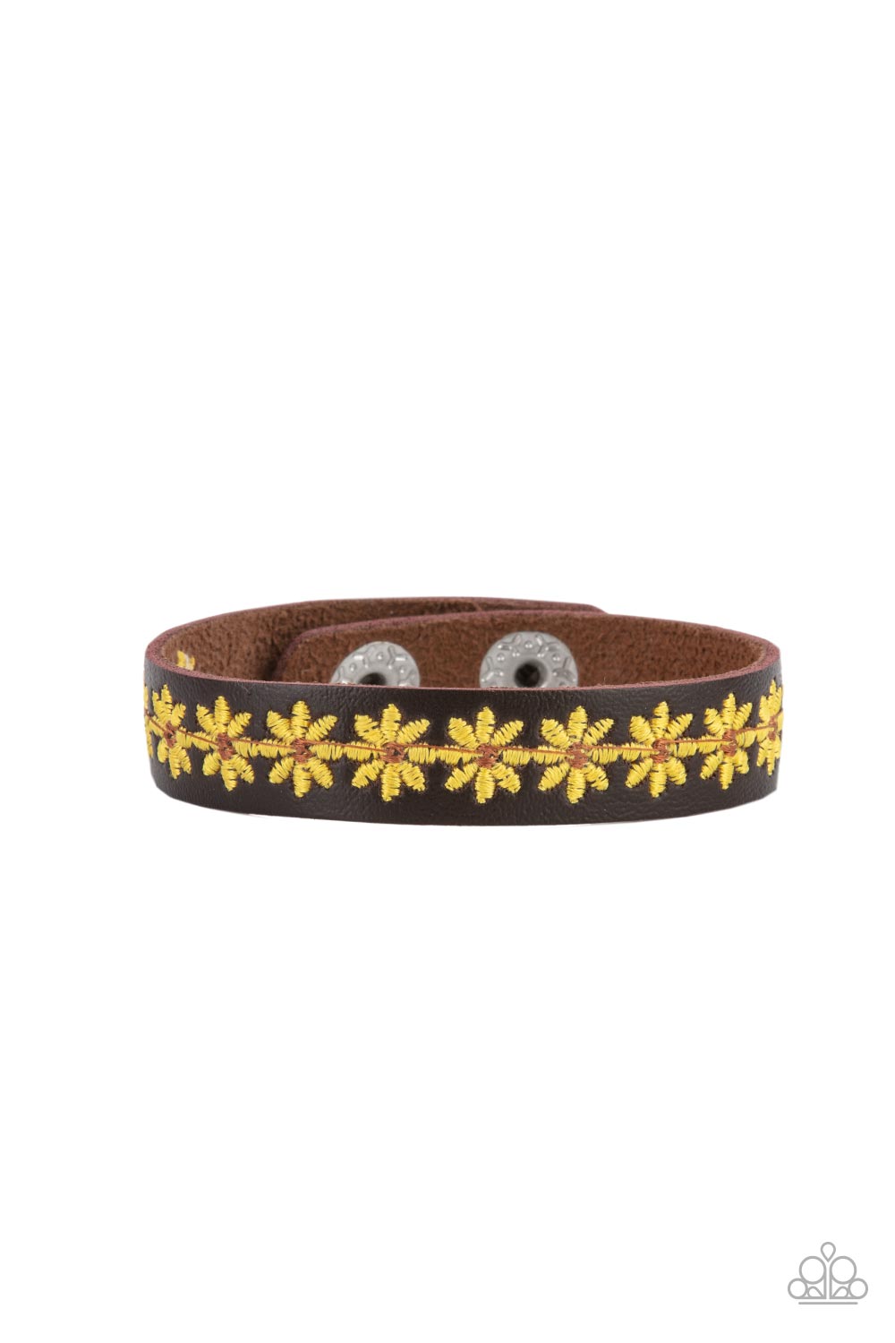 Wildflower Wayfarer Yellow Flower and Brown Leather Urban Wrap Snap Bracelet - Paparazzi Accessories- model - CarasShop.com - $5 Jewelry by Cara Jewels