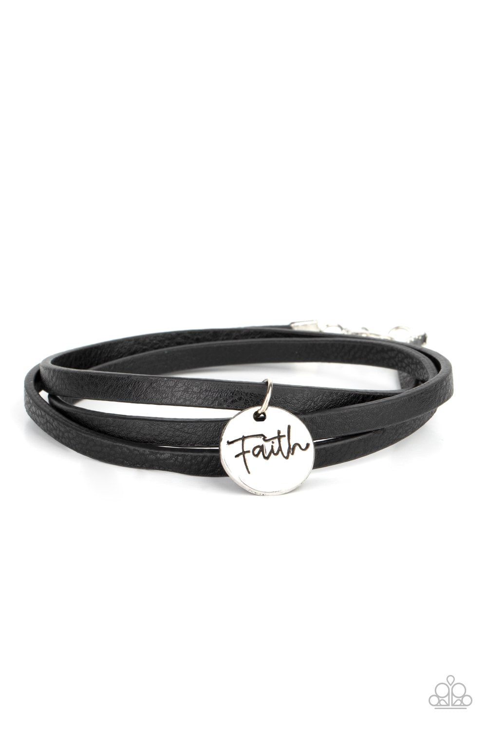 Wonderfully Worded Black Leather Inspirational &quot;Faith&quot; Bracelet - Paparazzi Accessories - lightbox -CarasShop.com - $5 Jewelry by Cara Jewels