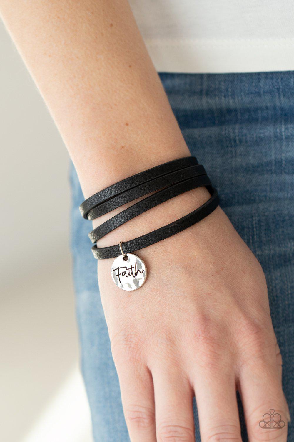 Wonderfully Worded Black Leather Inspirational &quot;Faith&quot; Bracelet - Paparazzi Accessories - model -CarasShop.com - $5 Jewelry by Cara Jewels