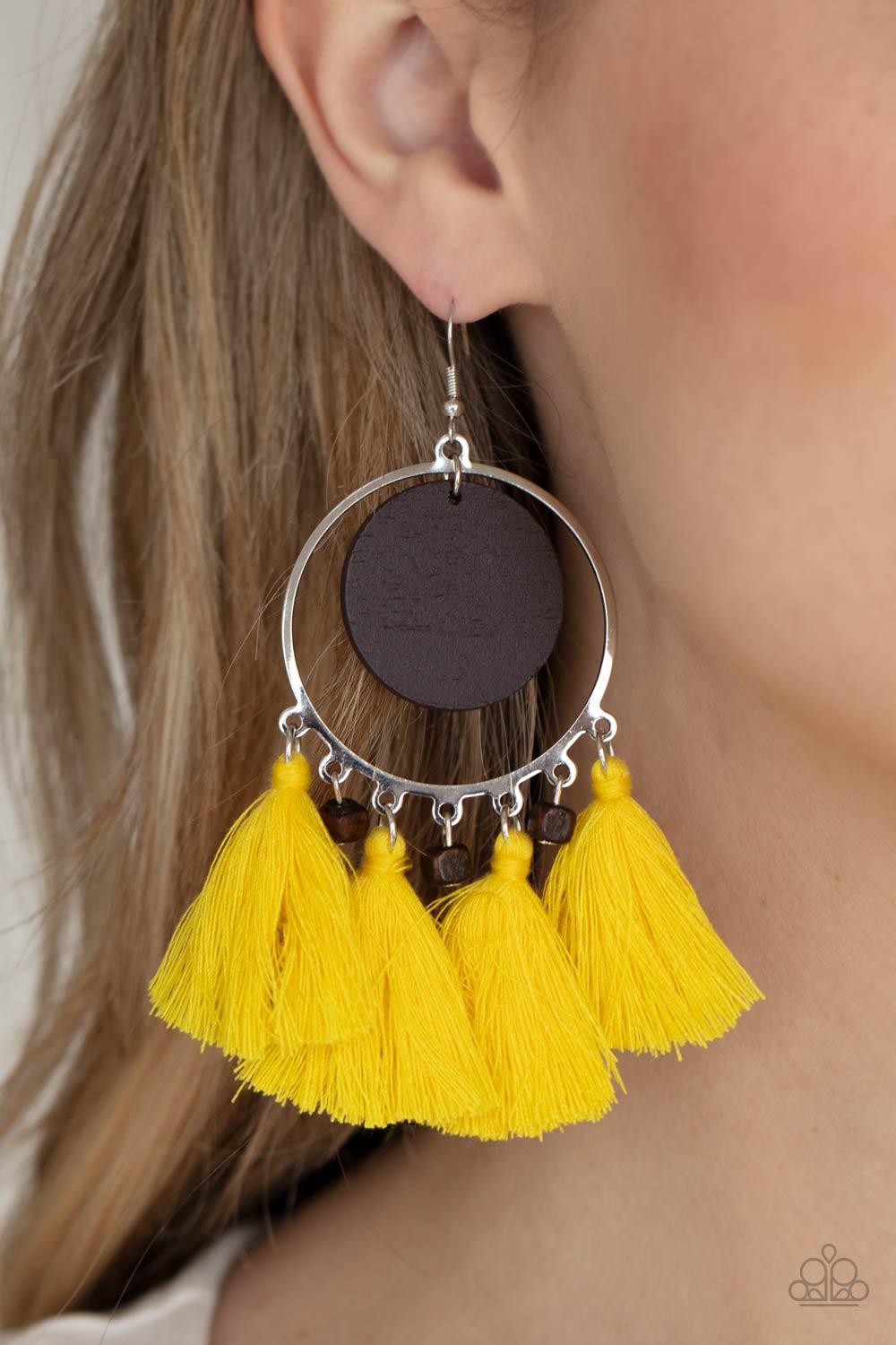 Yacht Bait Yellow Tassel Earrings - Paparazzi Accessories- model - CarasShop.com - $5 Jewelry by Cara Jewels