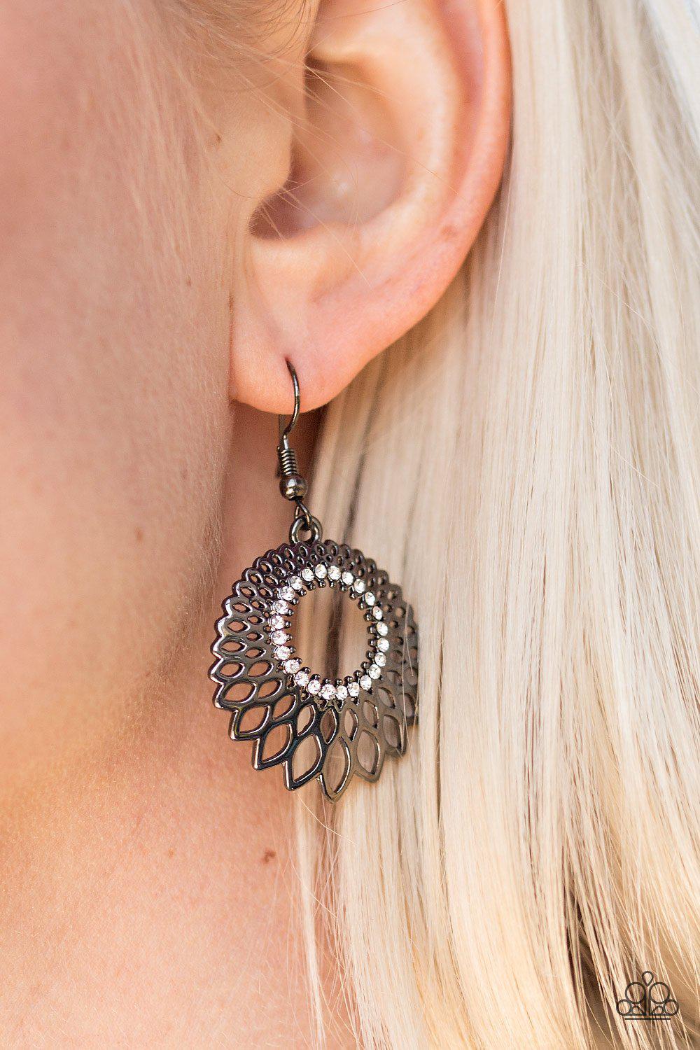 You Heard The GLAM! Gunmetal Black and White Rhinestone Earrings - Paparazzi Accessories- model - CarasShop.com - $5 Jewelry by Cara Jewels