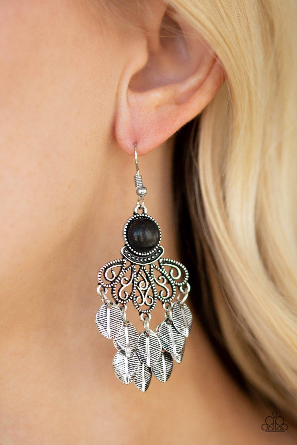 A Bit On The Wildside Black and Silver Leaf Earrings - Paparazzi Accessories
