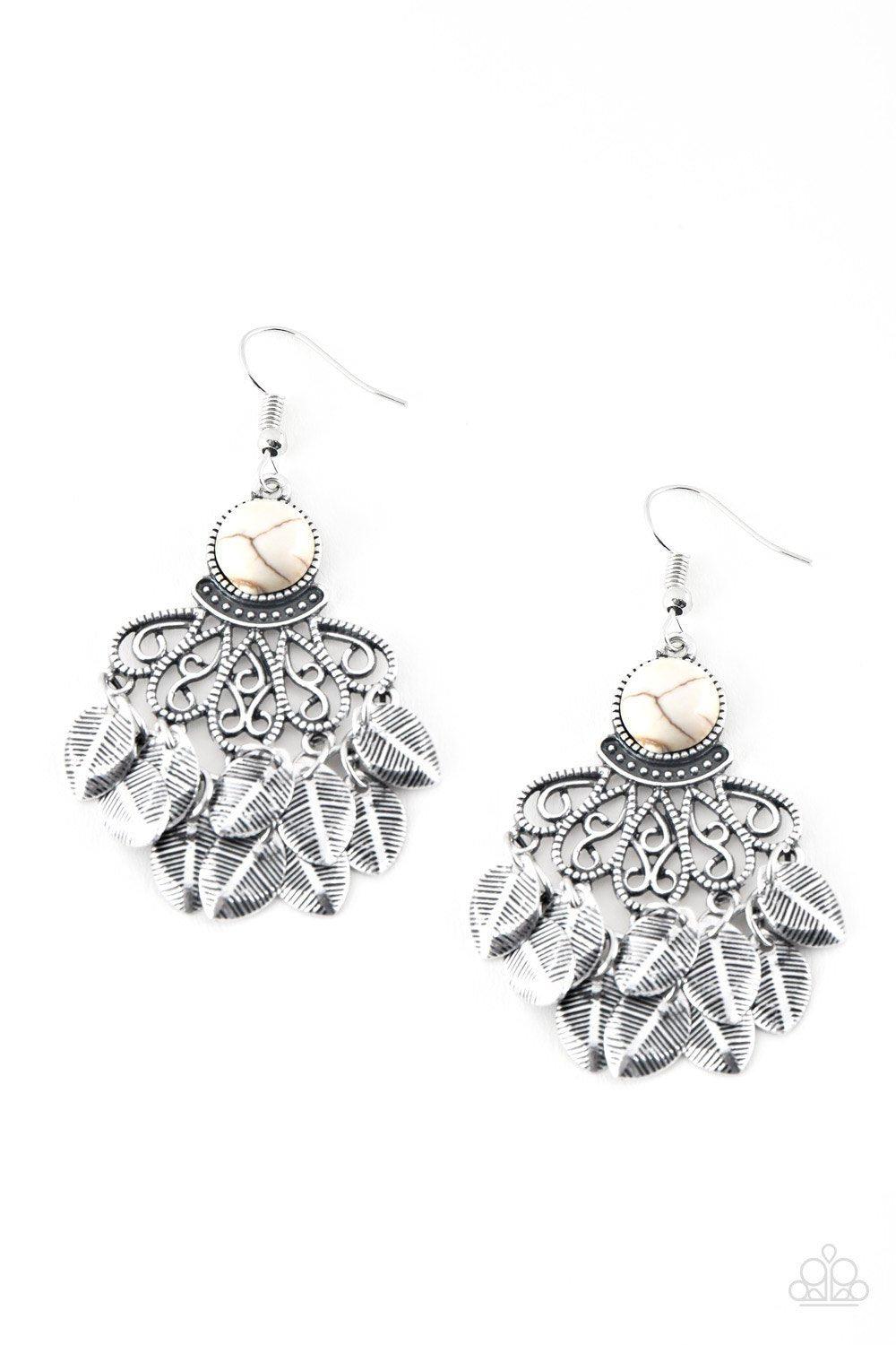 A Bit On The Wildside White Stone and Silver Leaf Earrings - Paparazzi Accessories-CarasShop.com - $5 Jewelry by Cara Jewels