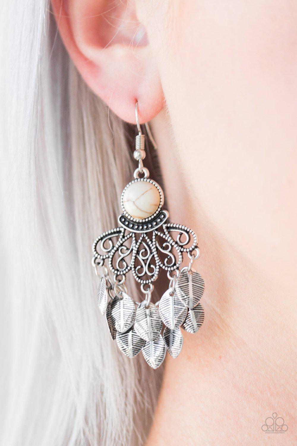 A Bit On The Wildside White Stone and Silver Leaf Earrings - Paparazzi Accessories-CarasShop.com - $5 Jewelry by Cara Jewels