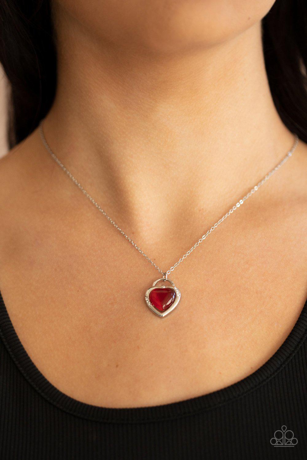A Dream is a Wish Your Heart Makes Red Cat&#39;s Eye Stone Heart Necklace - Paparazzi Accessories - model -CarasShop.com - $5 Jewelry by Cara Jewels