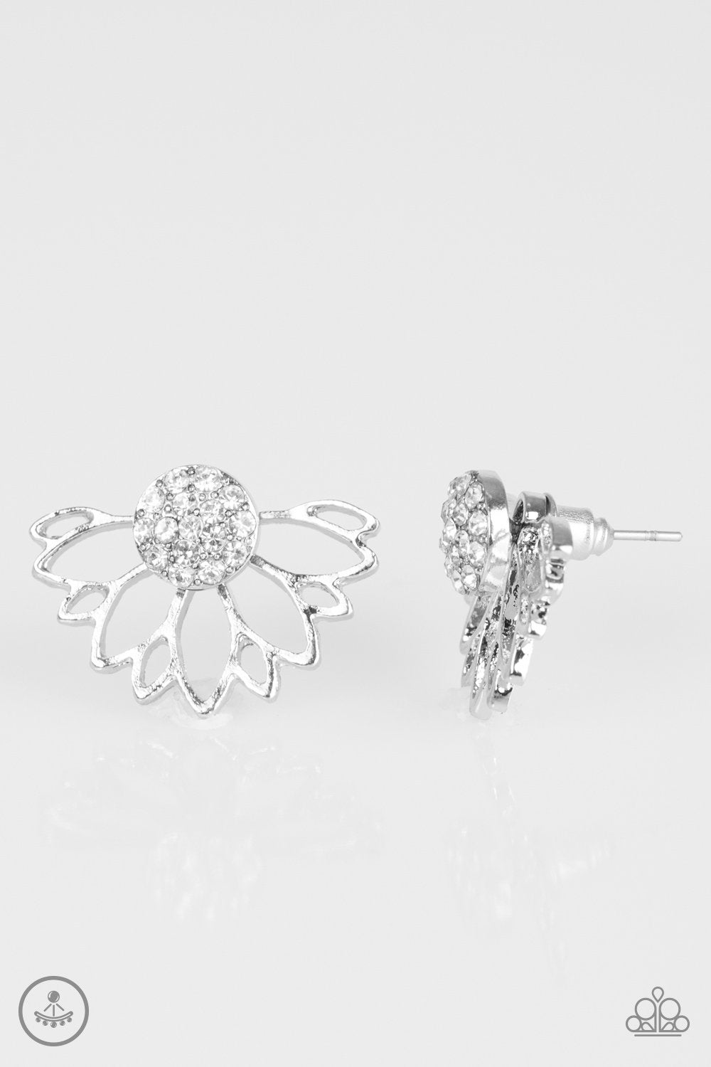 A Fan Fave White and Silver Double-sided Post Earrings - Paparazzi Accessories- lightbox - CarasShop.com - $5 Jewelry by Cara Jewels