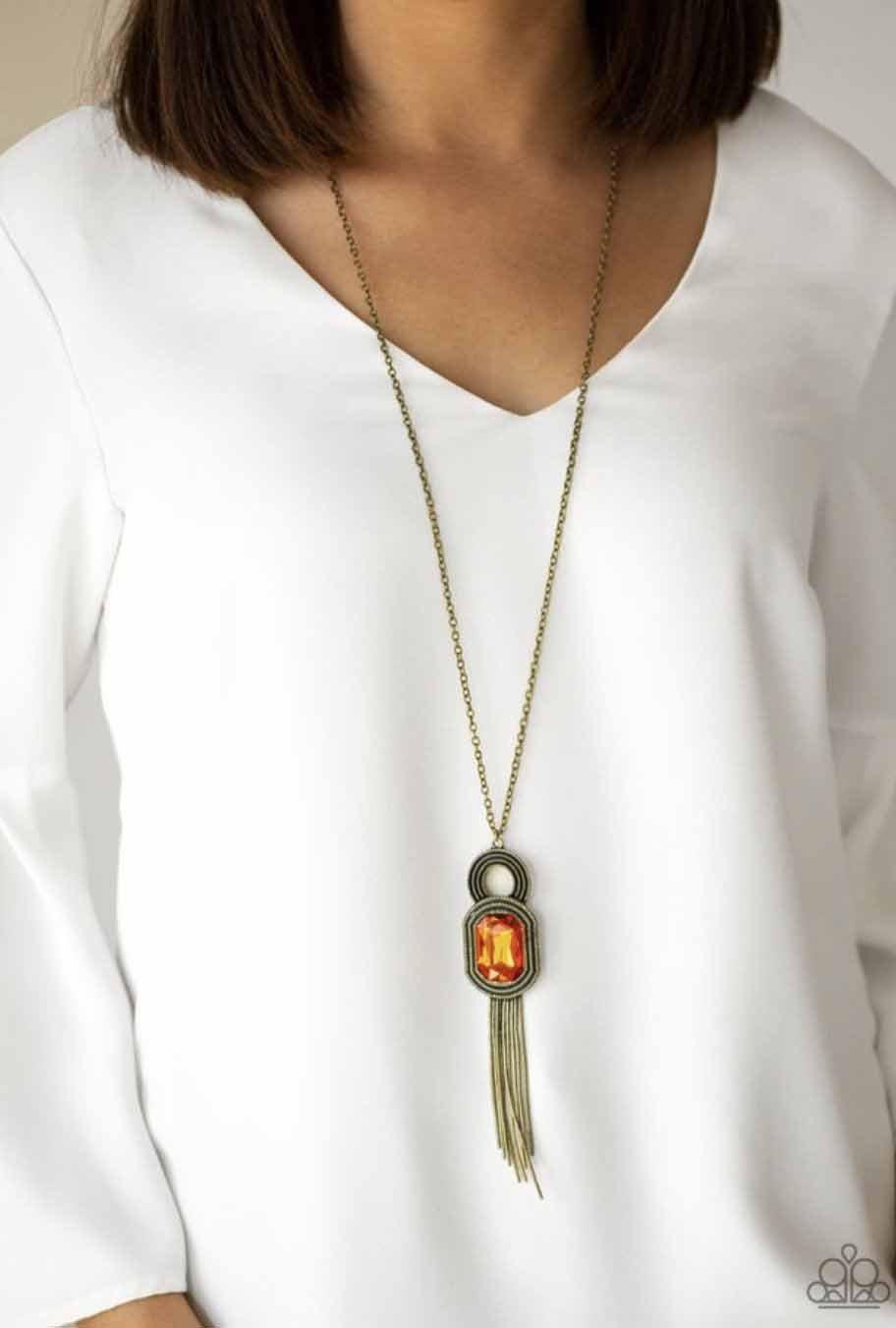A Good TALISMAN Is Hard To Find Orange and Brass Necklace - Paparazzi Accessories - model -CarasShop.com - $5 Jewelry by Cara Jewels