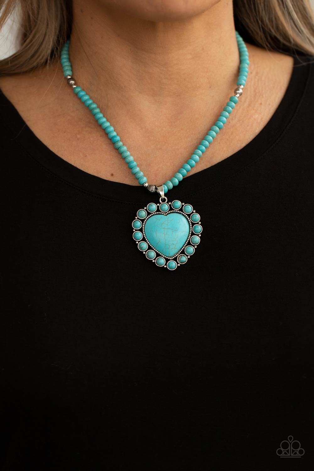 A Heart Of Stone Turquoise Blue Stone Heart Necklace - Paparazzi Accessories LOTP Exclusive April 2021- model - CarasShop.com - $5 Jewelry by Cara Jewels
