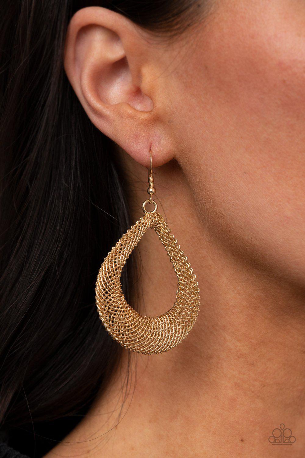 A Hot MESH Gold Teardrop Earrings - Paparazzi Accessories- model - CarasShop.com - $5 Jewelry by Cara Jewels