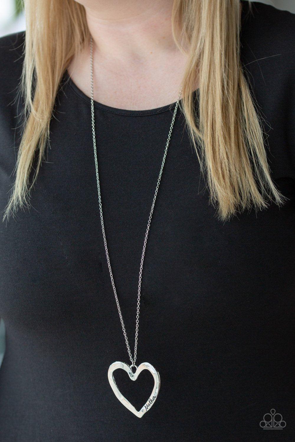 A Mothers Love Silver Heart Necklace and matching Earrings - Paparazzi Accessories-CarasShop.com - $5 Jewelry by Cara Jewels