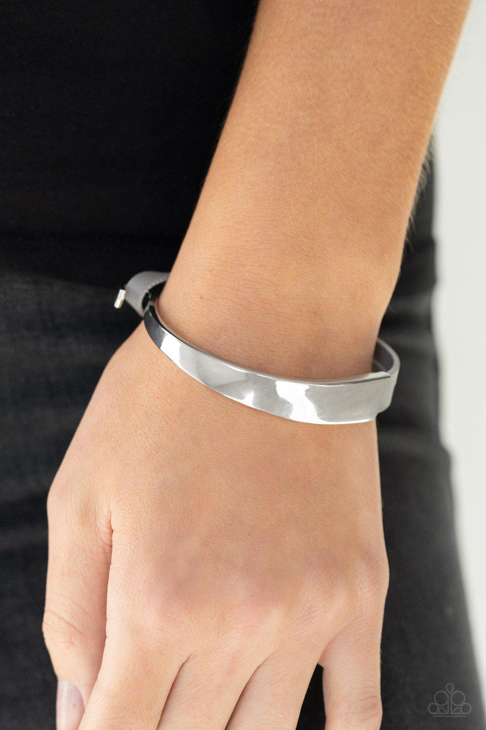 A Notch Above The Rest Silver and Gray Leather Bracelet - Paparazzi Accessories - model -CarasShop.com - $5 Jewelry by Cara Jewels