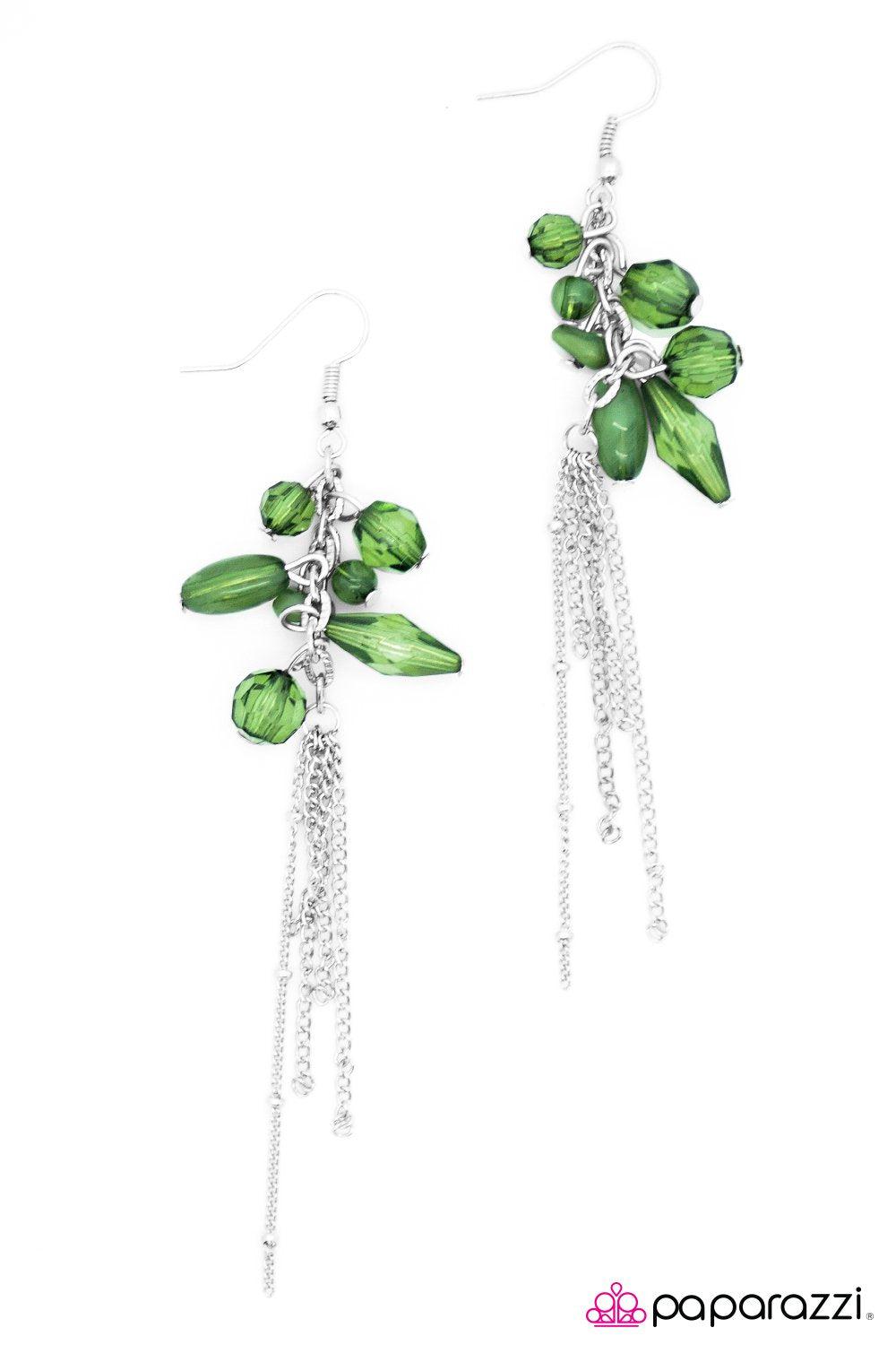 A Walk In The Park Green Bead and Silver Chain Earrings - Paparazzi Accessories-CarasShop.com - $5 Jewelry by Cara Jewels