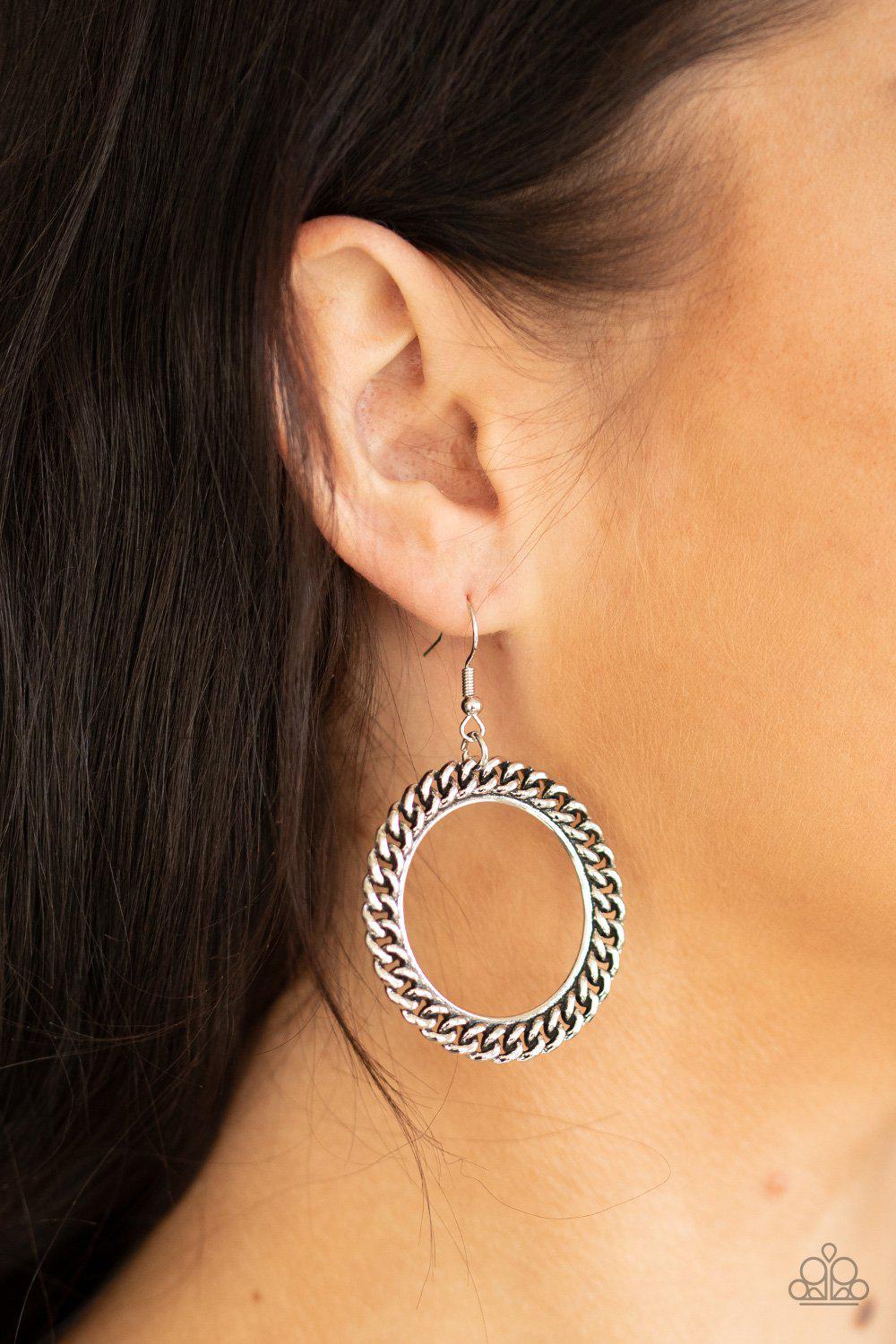 Above the RIMS Silver Earrings - Paparazzi Accessories- model - CarasShop.com - $5 Jewelry by Cara Jewels