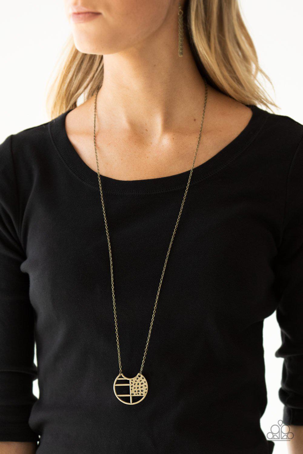 Abstract Aztec Brass Necklace - Paparazzi Accessories - model -CarasShop.com - $5 Jewelry by Cara Jewels